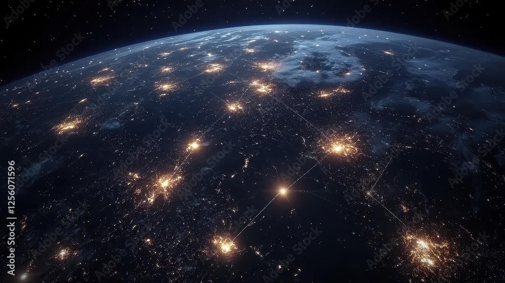 Fototapeta premium A satellite view of Earth at night, with illuminated cities connected by glowing lines representing data flow.