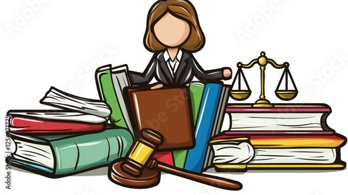 Lawsuit illustration, legal books, justice scales, gavel photo