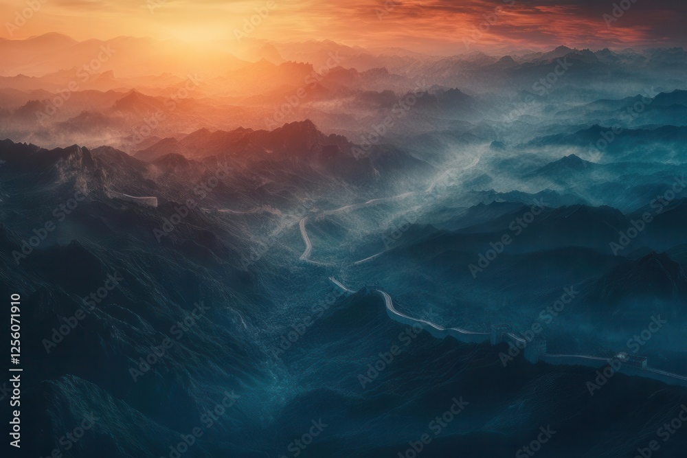 Fototapeta premium a majestic aerial view of the great wall snaking through misty mountains at sunrise, enhanced with ethereal digital art elements, dramatic lighting, and surreal colors