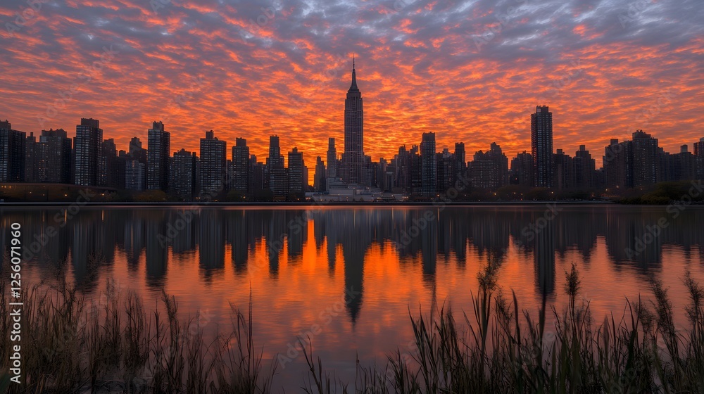 Obraz premium City skyline with tall buildings reflecting in a lake during sunset with colorful sky and clouds