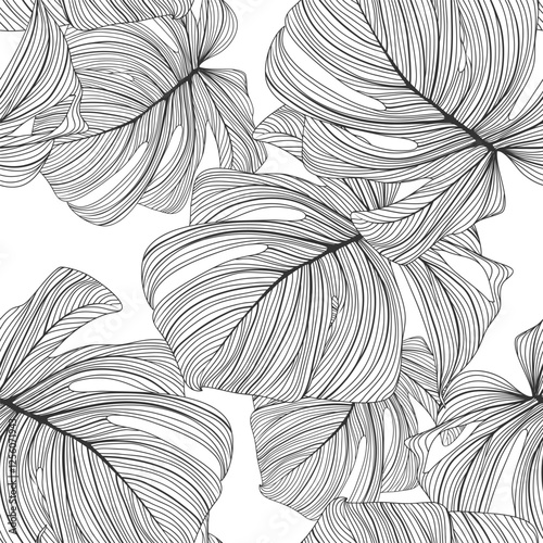 Seamless floral background with monstera leaves. Romantic pattern template for wall decor.