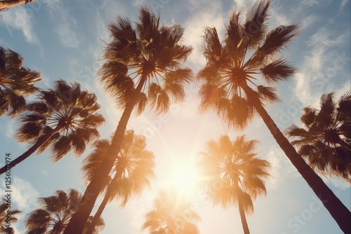 Los Angeles Palm Tree Avenue. Stunning Low Angle Shot of Palm Trees Dusted with Sunshine on Drive through Beverly Hills, California