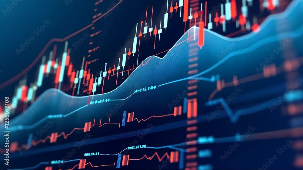 Graph with red and blue lines that are all over the screen. The graph is showing a stock market and the lines are showing the highs and lows of the stock