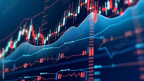 Graph with red and blue lines that are all over the screen. The graph is showing a stock market and the lines are showing the highs and lows of the stock