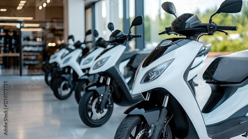 New electric scooters lined up for display in a modern showroom with bright lighting and large windows showcasing outdoor scenery