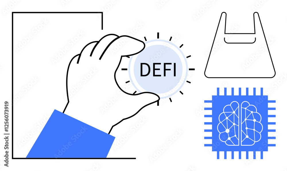 Hand grasping DeFi coin, AI brain in microchip, 3D object resembling shopping bag. Ideal for finance, AI, cryptocurrency, blockchain, shopping, innovation futurism digital economy concepts Hand grasping DeFi coin, AI brain in microchip, 3D object resembling shopping bag. Ideal for finance, AI, cryptocurrency, blockchain, shopping, innovation futurism digital economy concepts