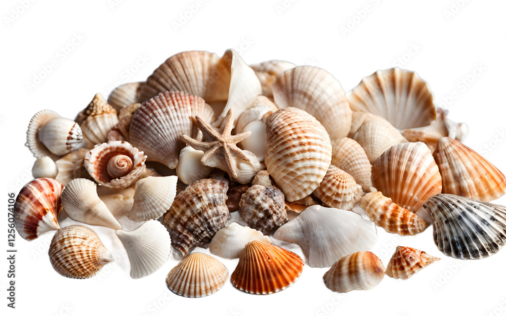 A seashell collection with different shapes and colors, isolated on a empty plain background A seashell collection with different shapes and colors, isolated on a empty plain background