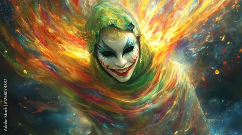 A surreal masked figure with a flowing, dynamic aura photo