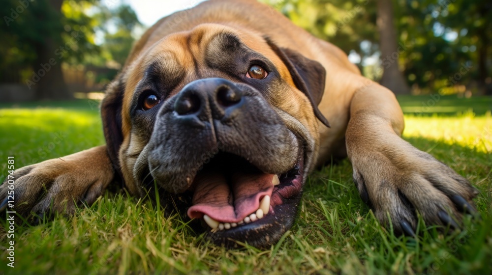 Mastiff Rolling Over on Grass. Adorable and Silly Canine with Funny Face Enjoying Outdoors in Park Mastiff Rolling Over on Grass. Adorable and Silly Canine with Funny Face Enjoying Outdoors in Park