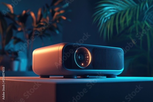 Innovative projector illuminated by ambient light in a modern setting featuring lush greenery and soft shadows