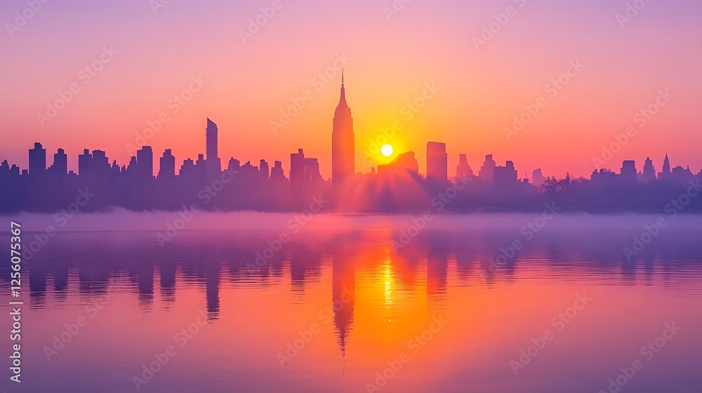 Stunning sunset view of manhattan skyline over new york city with vibrant colors and silhouetted buildings Stunning sunset view of manhattan skyline over new york city with vibrant colors and silhouetted buildings