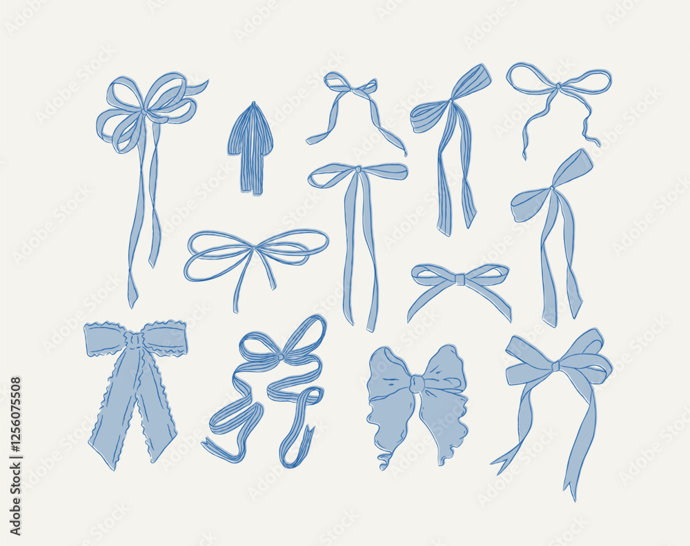 Ribbon bows hand drawn sketch drawing with fill of blue on light background