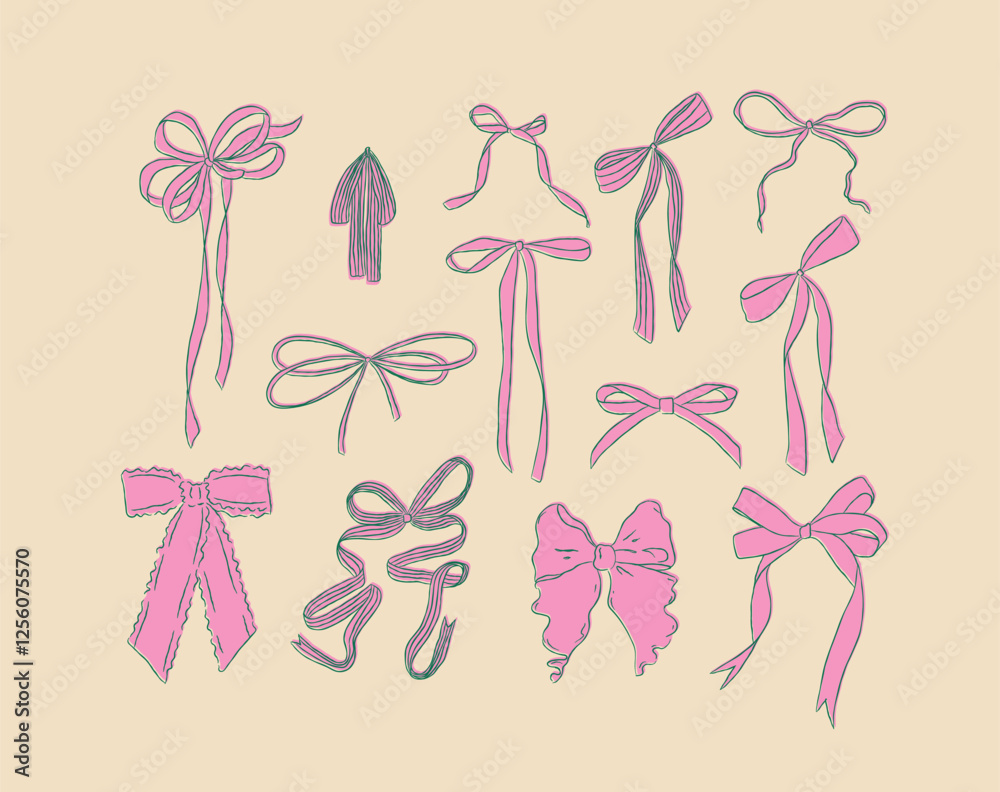 Ribbon bows hand drawn sketch drawing with blue and fill of pink on beige background