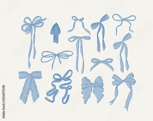 Obraz na płótnie Ribbon bows hand drawn sketch drawing with fill of blue on light background w salonie