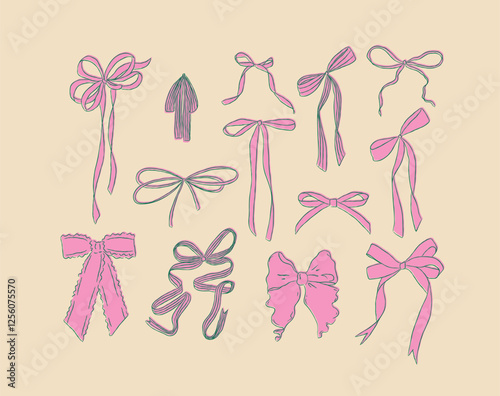 Obraz na płótnie Ribbon bows hand drawn sketch drawing with blue and fill of pink on beige background w salonie