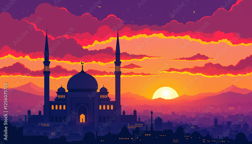 Mosque silhouette with crescent moon and fireworks, colorful sky, Eid al-Adha celebration concept