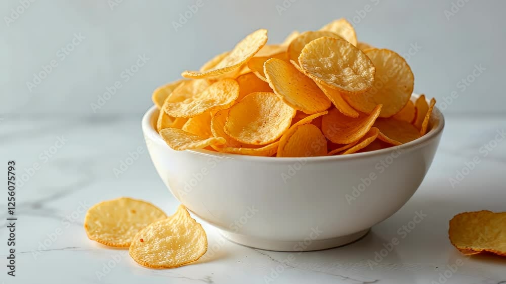  Bowl of crispy potato chips on a white marble countertop perfect for snacking