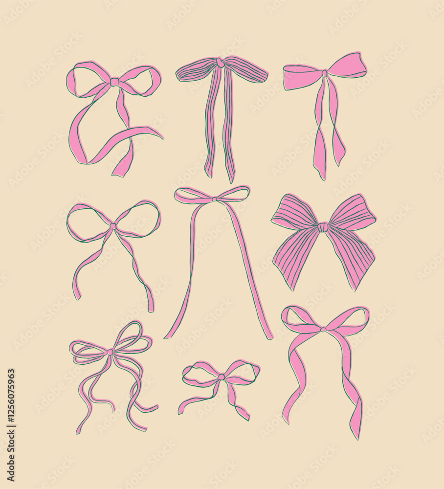 Bows of ribbon hand drawn sketch drawing with blue and fill of pink on light background