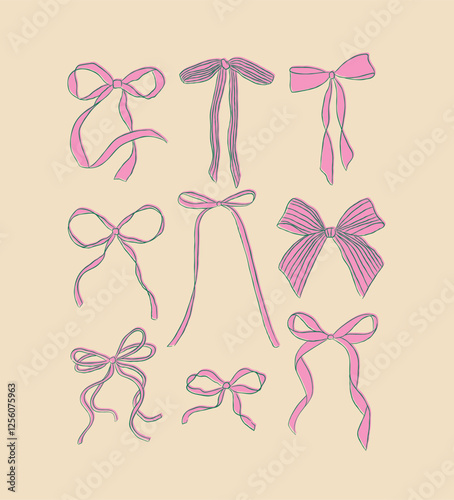 Bows of ribbon hand drawn sketch drawing with blue and fill of pink on light background