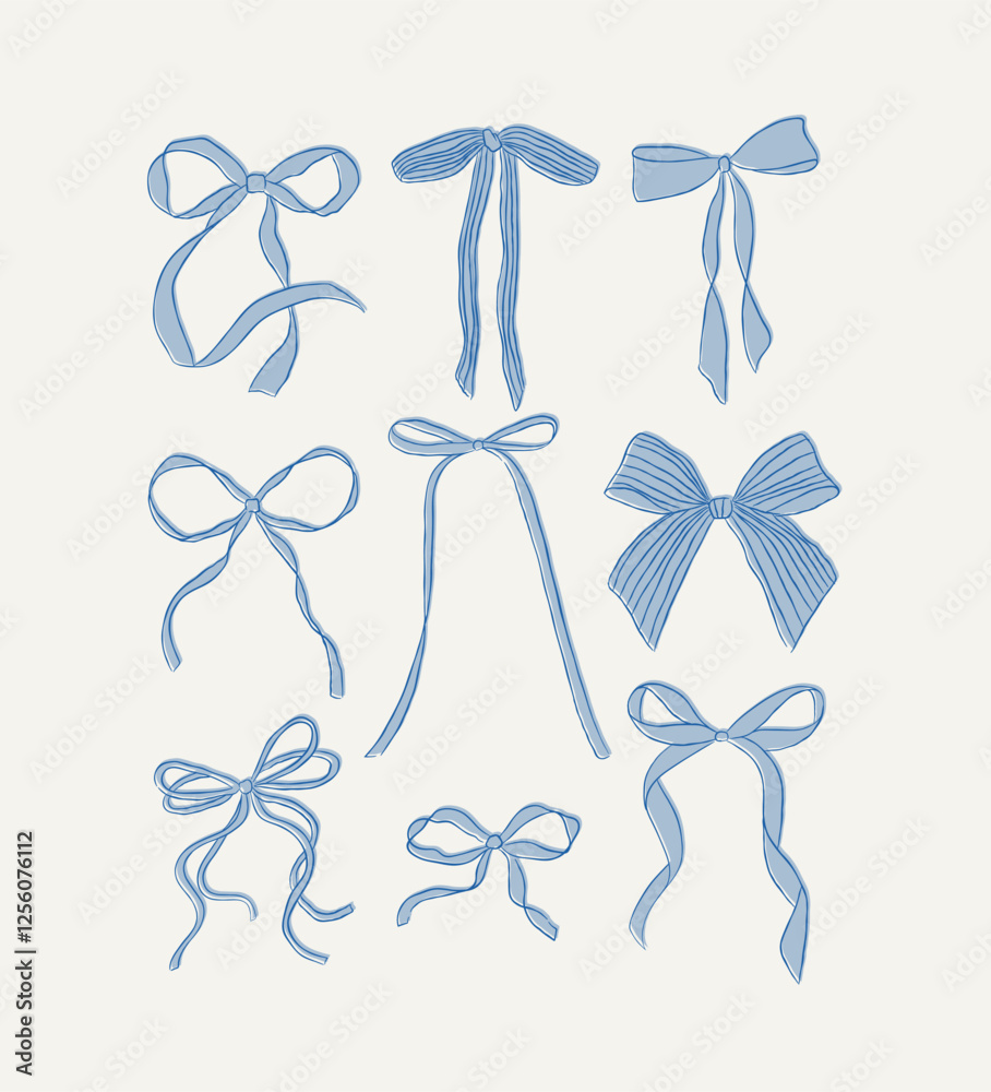 Bows of ribbon hand drawn sketch drawing with fill of blue on light background