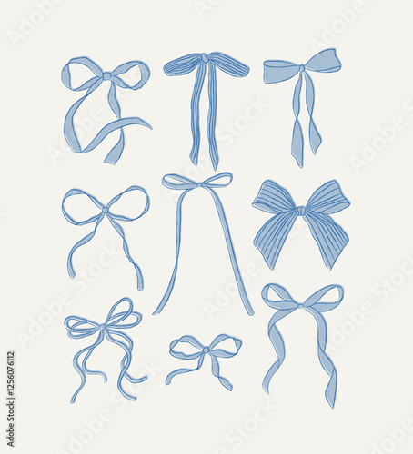 Obraz na płótnie Bows of ribbon hand drawn sketch drawing with fill of blue on light background w salonie