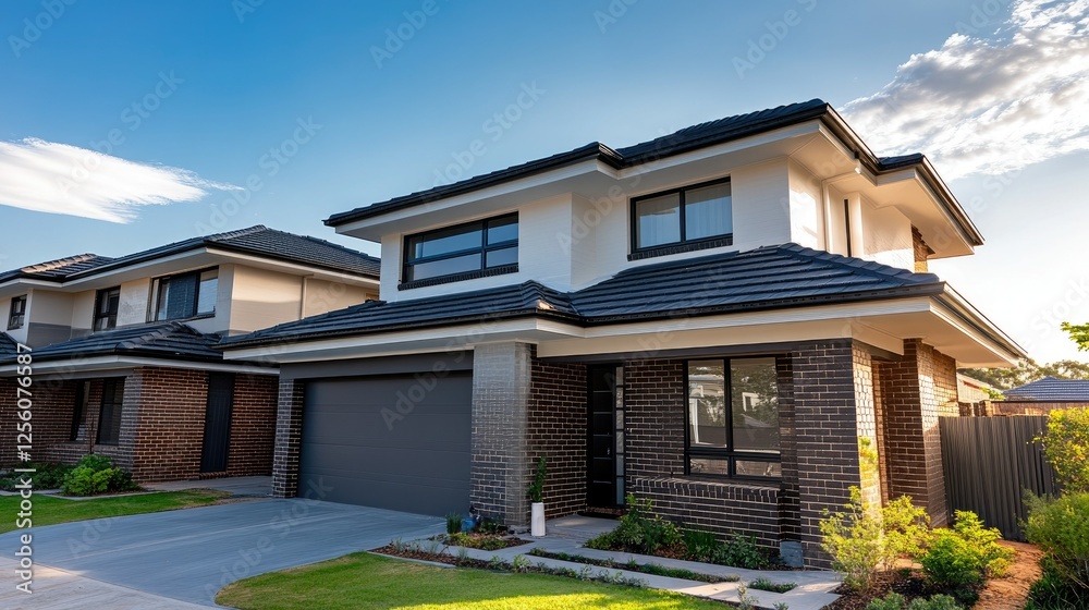 Modern suburban house design featuring a double garage and landscaped front yard in the late afternoon light Modern suburban house design featuring a double garage and landscaped front yard in the late afternoon light