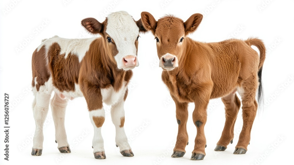 Fototapeta premium Two adorable calves standing side by side, showcasing their distinct colors and patterns in a bright, neutral setting during daytime