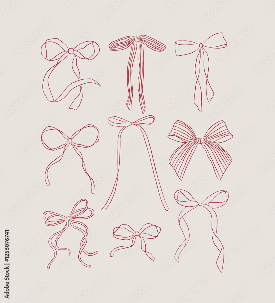 Bows of ribbon hand drawn sketch drawing with red light background