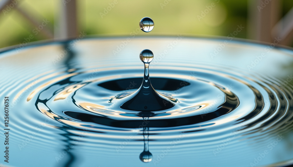 Water droplet creating ripples on surface, serene reflection, Earth Day celebration concept