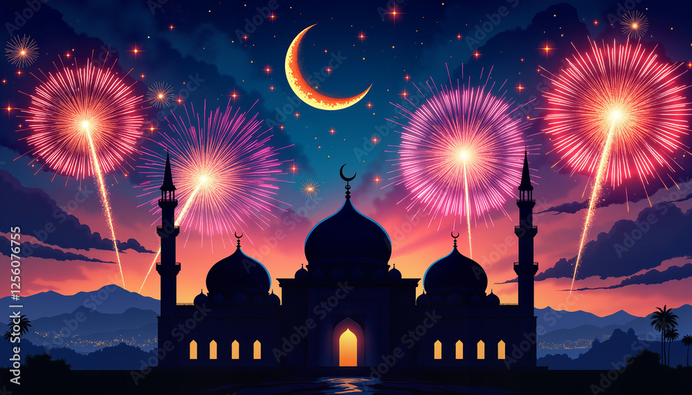 Mosque silhouette with crescent moon and fireworks, colorful sky, Eid al-Adha celebration concept