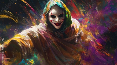 A surreal masked figure with a flowing, dynamic aura photo