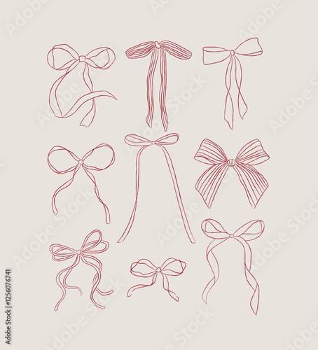 Obraz na płótnie Bows of ribbon hand drawn sketch drawing with red light background w salonie