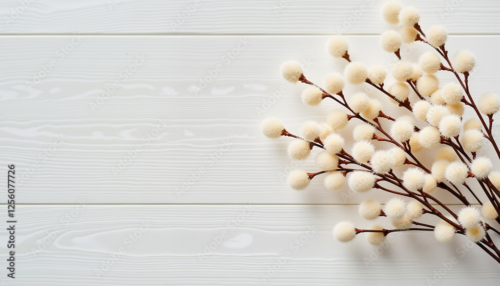 Branch with fluffy white blossoms on wooden background, spring decoration, Palm Sunday concept