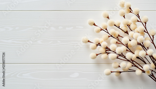 Obraz na płótnie Branch with fluffy white blossoms on wooden background, spring decoration, Palm Sunday concept w salonie