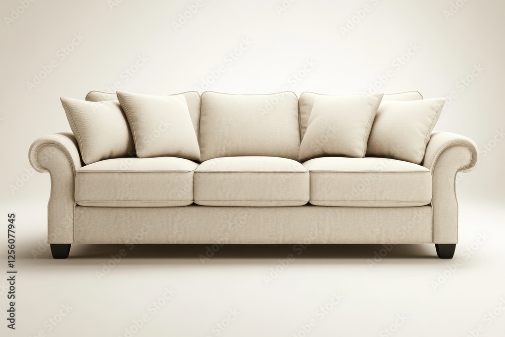Elegant cream sofa with plush cushions set against a minimalist backdrop in warm lighting, redefining comfort and style Elegant cream sofa with plush cushions set against a minimalist backdrop in warm lighting, redefining comfort and style