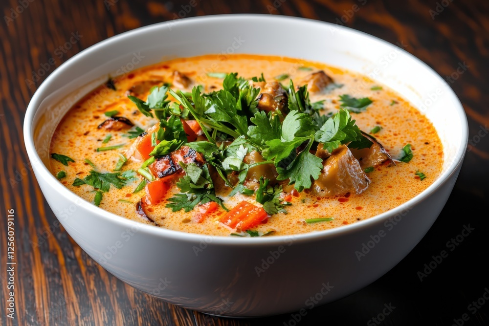 Tropical coconut soup garnished with cilantro cozy kitchen setting culinary photography warm ambient light front angle view smooth and silky texture Tropical coconut soup garnished with cilantro cozy kitchen setting culinary photography warm ambient light front angle view smooth and silky texture