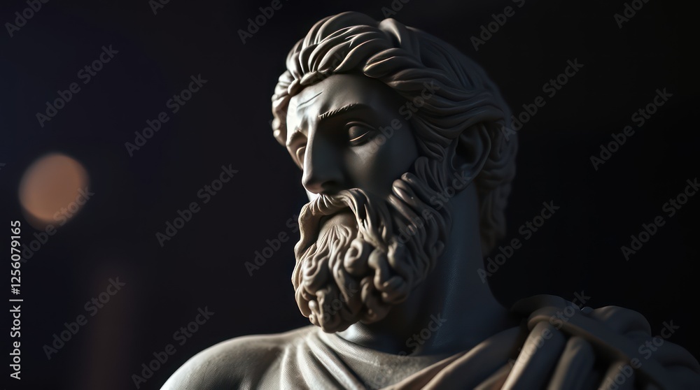 Detailed close-up of a classical statue depicting a bearded figure in soft lighting, exuding wisdom Detailed close-up of a classical statue depicting a bearded figure in soft lighting, exuding wisdom
