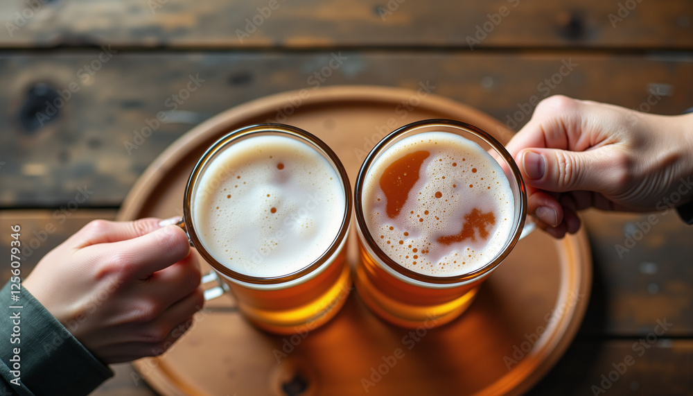 Two hands holding beer mugs with frothy beer on wooden tray, festive atmosphere, Oktoberfest celebration