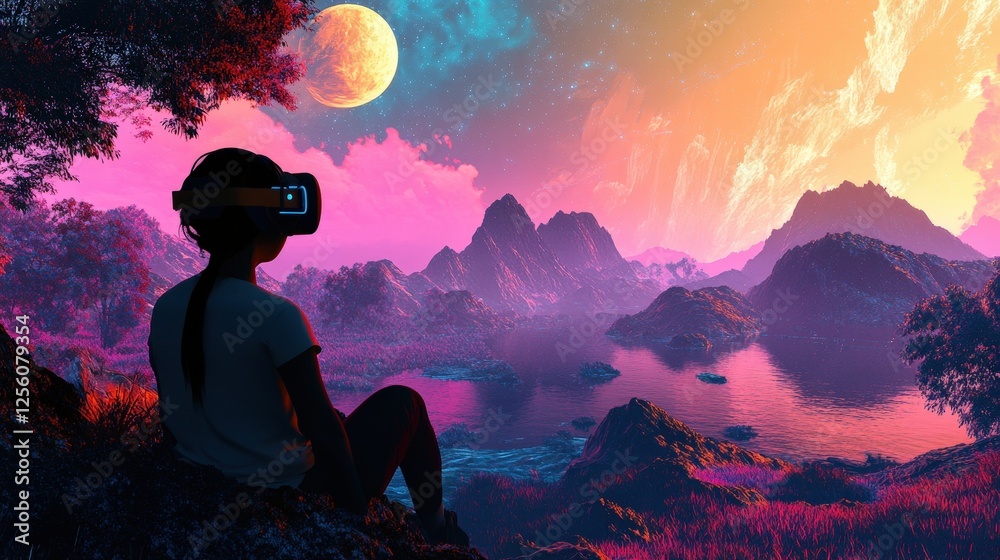 Obraz premium A person wearing a virtual reality headset with red lights and wires connected to the headset, suggesting advanced technology or a futuristic setting.