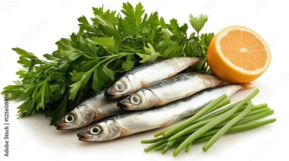 A vibrant arrangement of fresh fish, fragrant herbs, and zesty citrus fruits beautifully displayed on a clean surface, ready for culinary preparation A vibrant arrangement of fresh fish, fragrant herbs, and zesty citrus fruits beautifully displayed on a clean surface, ready for culinary preparation