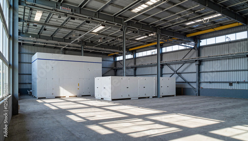 Modern industrial design in large factory hall with solid oxide fuel cells, innovation