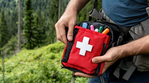 A hiker gets ready for an exciting outdoor adventure, carrying a well-stocked first aid kit amidst a beautiful, lush forest