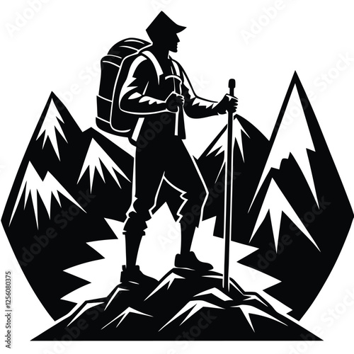 silhouette of a lone adventurer standing triumphantly on a mountain peak during sunset,