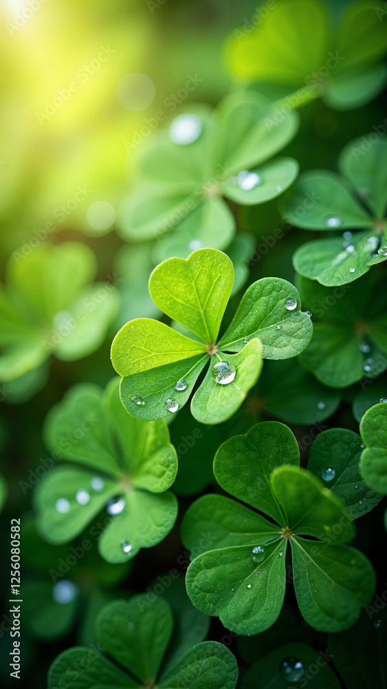 Lush Clover Leaves with Dew: St. Patrick's Day Backdrop for Festive Promotions, Irish Culture, and Nature-Inspired Designs Lush Clover Leaves with Dew: St. Patrick's Day Backdrop for Festive Promotions, Irish Culture, and Nature-Inspired Designs