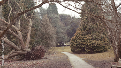 A giant old tree was torn from its roots in a severe storm, now laying in pieces across the park, photo