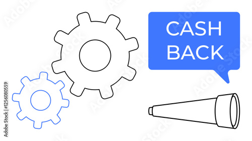 Gears and a telescope alongside a speech bubble reading Cash Back. Ideal for financial rewards, strategic planning, economic growth, investment strategies, efficiency improvement, profit