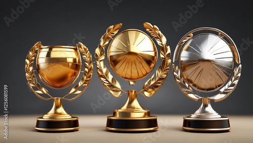 Three Shiny Trophies in Gold, Silver, and Bronze Representing Achievement and Excellence