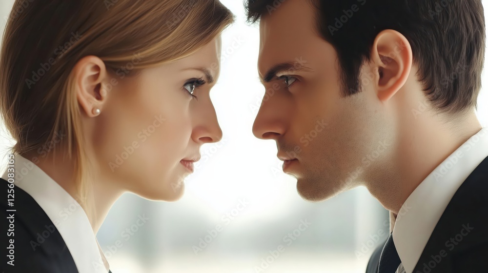 Businesswoman and businessman challenging each other face to face