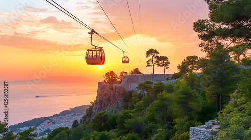 Fototapeta Naklejka Na Ścianę i Meble -  Cable car ascending a mountain during sunset viewed from ancient city walls in dubrovnik croatia