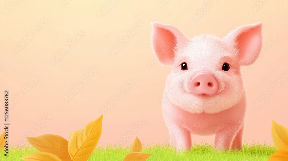 Cute cartoon piglet standing on grass among colorful autumn leaves with copy space Cute cartoon piglet standing on grass among colorful autumn leaves with copy space
